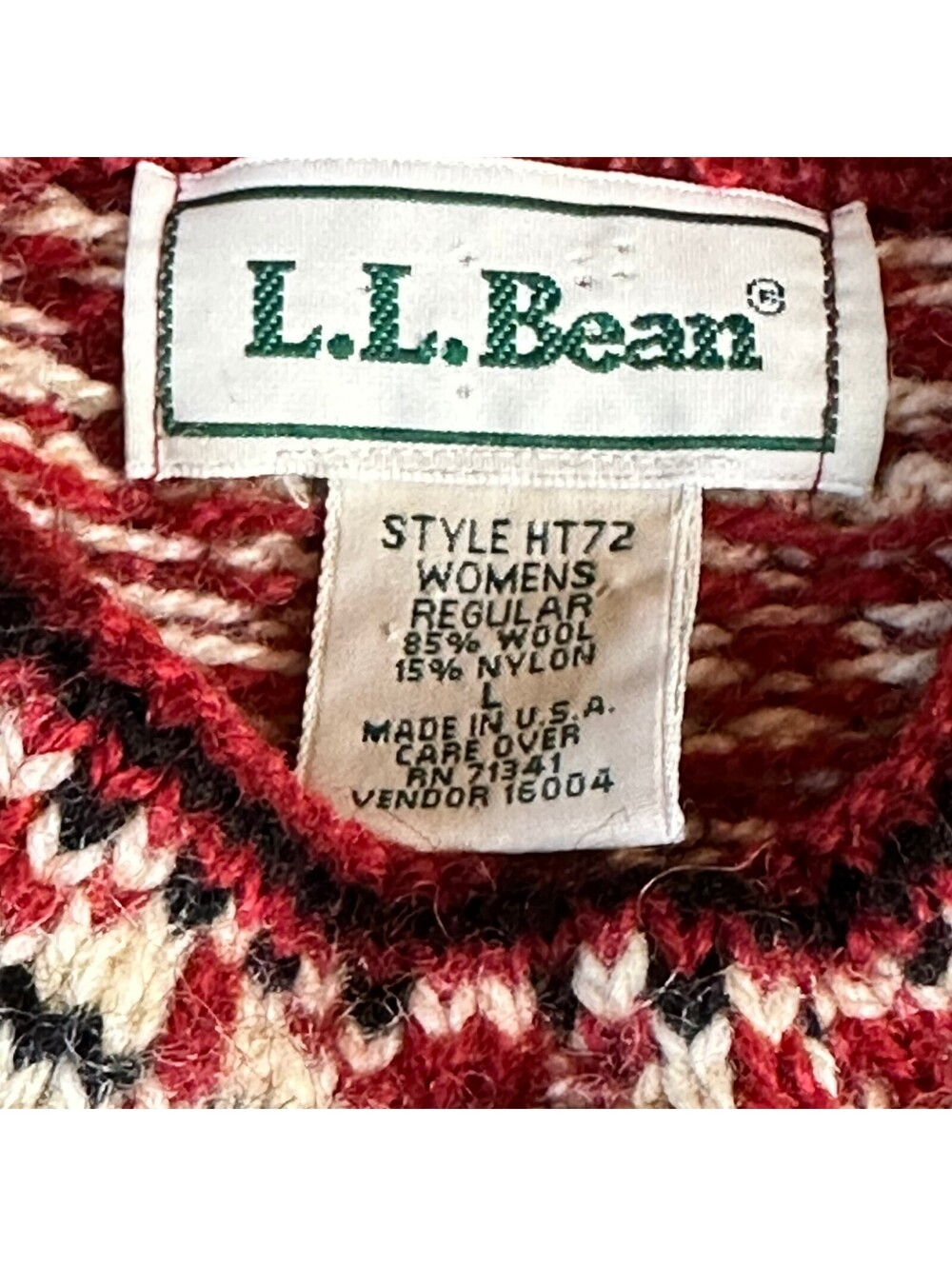 Vintage L.L. Bean Red Nordic Fair Isle Pewter Button Wool Cardigan Sweater Sz L - Picture 5 of 15
